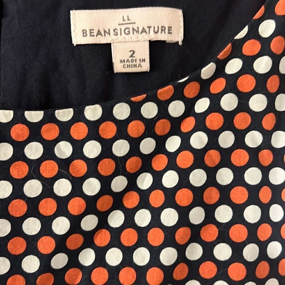 LL Bean Signature Polka Dot Cotton Fit Flare Dress Navy Orange White Size 2 - Picture 3 of 8